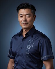 Obraz premium A well-dressed man in a navy shirt with floral embroidery, posing confidently against a soft blue background.