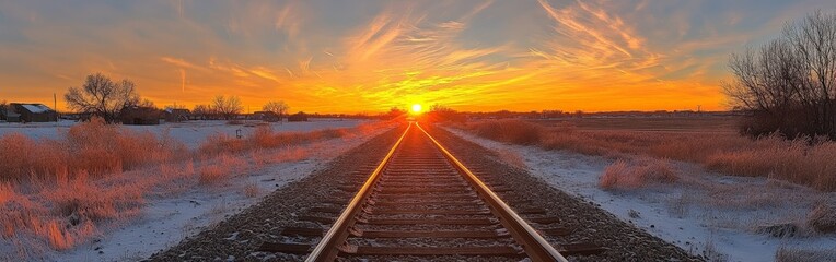 Obraz premium A high-angle shot of railway tracks at sunrise, symbolizing journeys and progress. Perfect for travel, transportation, and inspirational-themed projects