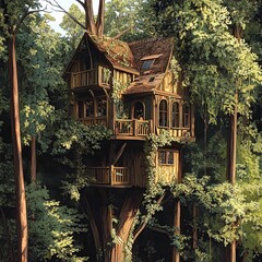 Enchanting tree house nestled in lush forest.