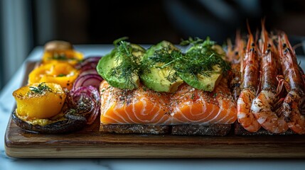 Fresh Salmon Dish with Shrimp and Colorful Vegetable Garnish