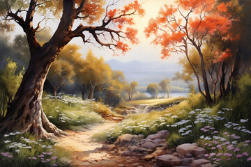 watercolor painting autumn in the forest