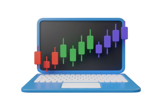 3D rendering of a laptop displaying a candlestick chart, symbolizing online trading and financial markets. background removed