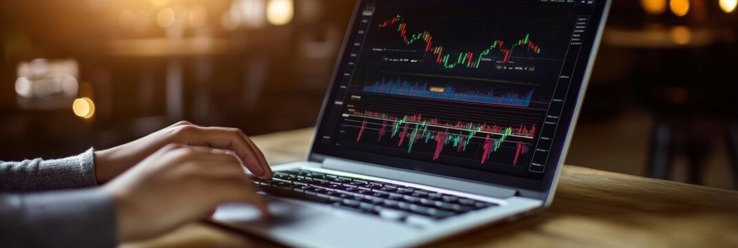 Businesswoman is analyzing cryptocurrency investment using laptop showing real time stock market data, charts, and graphs, working remotely from cafe - Powered by Adobe