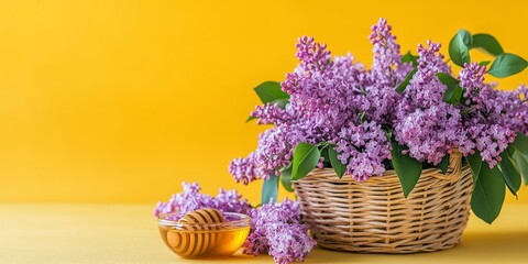 Basket filled with lilacs alongside a bowl of honey on a vibrant yellow background, creating a delightful scene that highlights the beauty of lilacs and the warmth of honey.