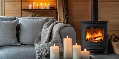 Fototapeta premium A cast iron fireplace is situated next to a gray sofa, with candles enhancing the cozy atmosphere and ambiance in that space.