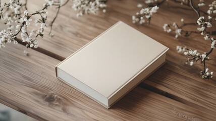 Fototapeta premium A closed blank notebook mockup on a light gray surface, with a cup of coffee on the side and faint natural lighting, ideal for creative workspaces