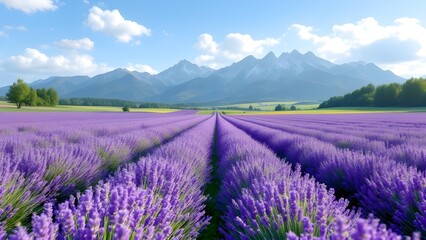 Obraz premium Lavender field in spring with mountains in the background and a clear blue sky - 02