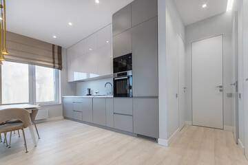 Kitchen in the interior of a modern studio apartment. Kitchen set, decorated with panels in light gray tones. Roman curtains on the window.