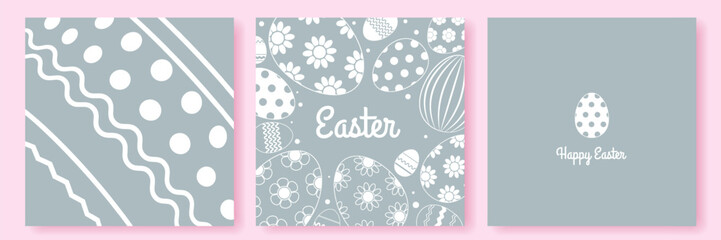 Happy Easter greeting card, banner cover set. Design template with white eggs with floral and geometric ornamement on gray pastel background. Modern minimalist design in linear style