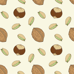Pattern with nuts, hand drawn walnut pistachio and hazelnut. Healthy eating concept, raw food diet.