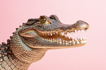Obraz premium A stunning close-up showcases the head of a crocodile with sharp teeth and vibrant eyes. The soft pink backdrop contrasts the crocodile's rugged skin, emphasizing its fierce expression.