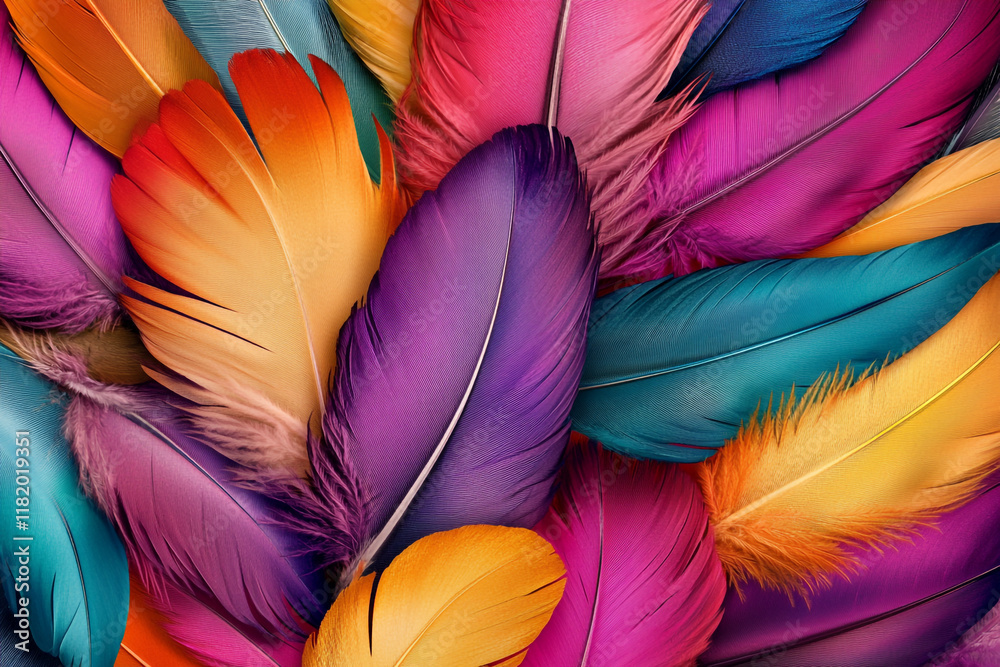 Fototapete a colorful pile of feathers, each one unique in shape and color, creating an intricate pattern that 