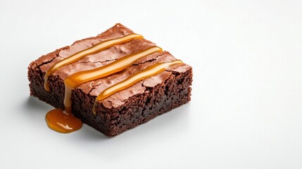 Delicious Chocolate Brownie with Caramel Drizzle on White Background