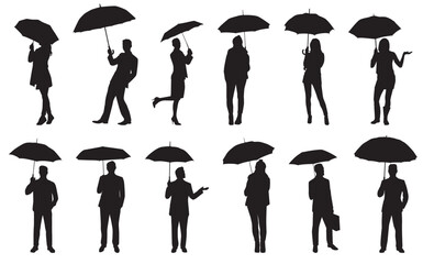vector silhouette of people walking under umbrella 