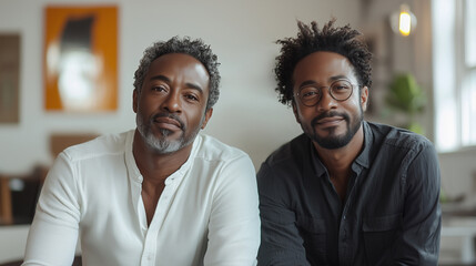 Same sex African American couple share a candid moment in a cozy indoor setting while smiling warmly at the camera