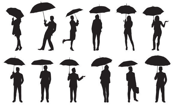 vector silhouette of people walking under umbrella 