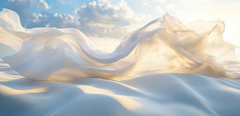 Obraz premium A translucent fabric billows gracefully over soft, undulating sand dunes, illuminated by warm sunlight. The sky is filled with soft clouds, enhancing the serene atmosphere.
