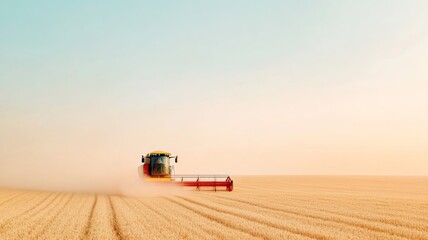 A large combine harvester in action, cutting golden wheat fields in the French countryside, with bales of hay scattered in the distance