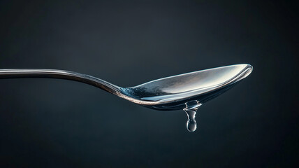 A close-up of a silver spoon with a single droplet of water hanging from its edge, about to fall, against a dark