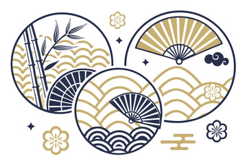 Design a collection of Japanese-inspired minimalist decorative elements. Include circular patterns with traditional motifs such as waves, fans, and geometric shapes. Incorporate gold, navy blue, and w