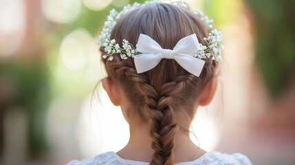 White bow and wreath adorn the hairstyle of a little girl celebrating her first holy communion. The delicate white bow and wreath enhance her beauty on this special first holy communion day.