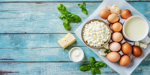 Fresh milk, cottage cheese, sour cream, and cheese are beautifully arranged on paper, alongside eggs in a bowl, on a blue wooden table, showcasing natural and healthy, calcium rich food options.