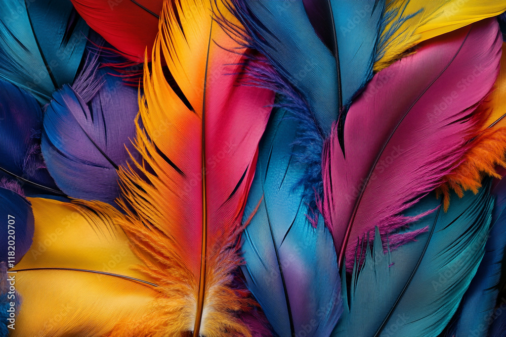 Fototapete a colorful pile of feathers, each one unique in shape and color, creating an intricate pattern that 