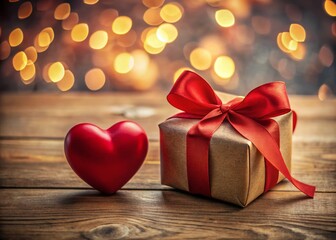 Romantic Gift Box with Heart, Bokeh Background - Stock Photo