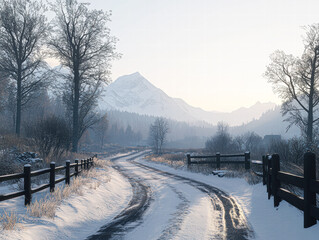 Obraz premium Snowy mountain serenity a calm winter landscape and scenic view