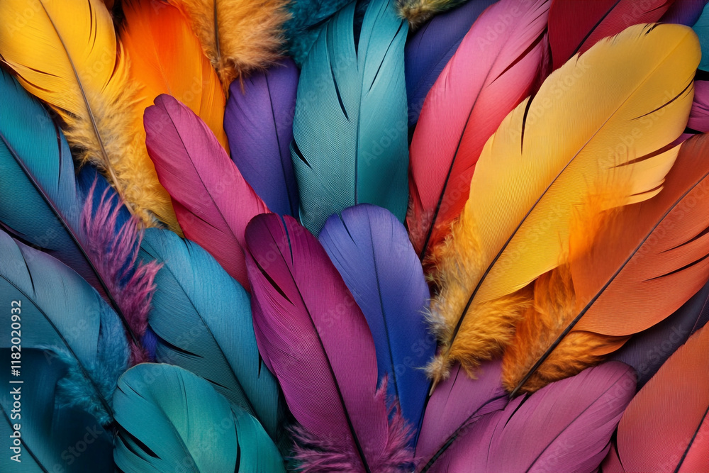 Fototapete a colorful pile of feathers, each one unique in shape and color, creating an intricate pattern that 