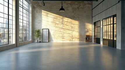 Fototapeta premium Spacious industrial loft urban setting interior photography natural light wide-angle view modern aesthetics