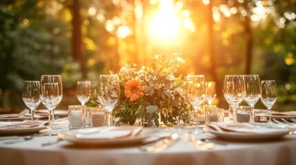 Romantic sunset garden dinner party table setting.