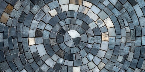 Fototapeta premium This background features an abstract design composed of gray geometric mosaic patterns, characterized by circular shapes and tiles, all utilizing a restrained color palette.