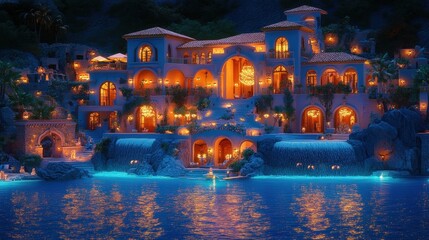 Obraz premium Stunning Nighttime View of a Coastal Luxury Villa with Lights
