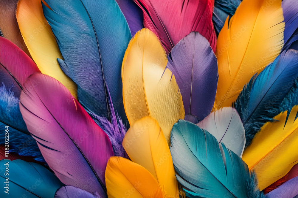 Fototapete a colorful pile of feathers, each one unique in shape and color, creating an intricate pattern that 