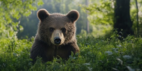 Fototapeta premium Young female brown bear gazing forward in a lush meadow surrounded by trees, showcasing the beauty of wildlife in its natural habitat. This young brown bear captures the essence of nature.