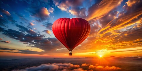Romantic Heart-Shaped Hot Air Balloon Soaring at Sunrise - Stunning Aerial View