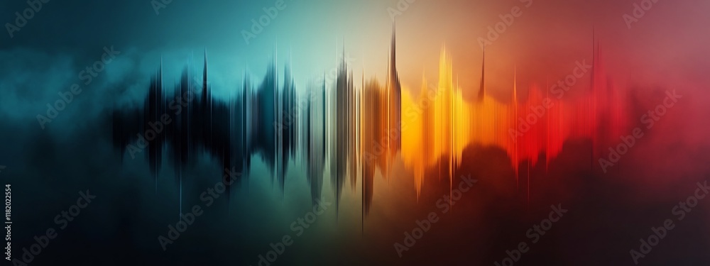 Poster vibrant abstract digital depicting pulsating sound waves with a kaleidoscopic gradient of colors rep