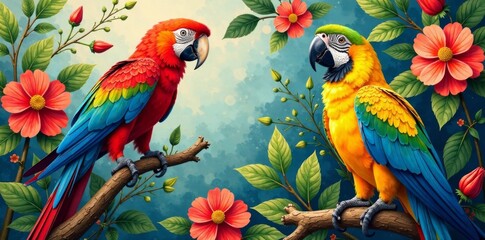 Vibrant parrot motifs set against a vibrant floral background in the traditional toile de jouy style, Botanical Illustrations, Toile De Jouy, Exotic Florals