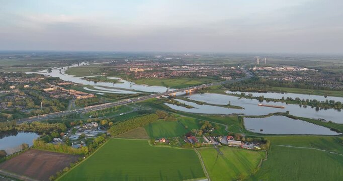 view of A2 highway and bridge with traffic, passing over river and connecting countryside towns
