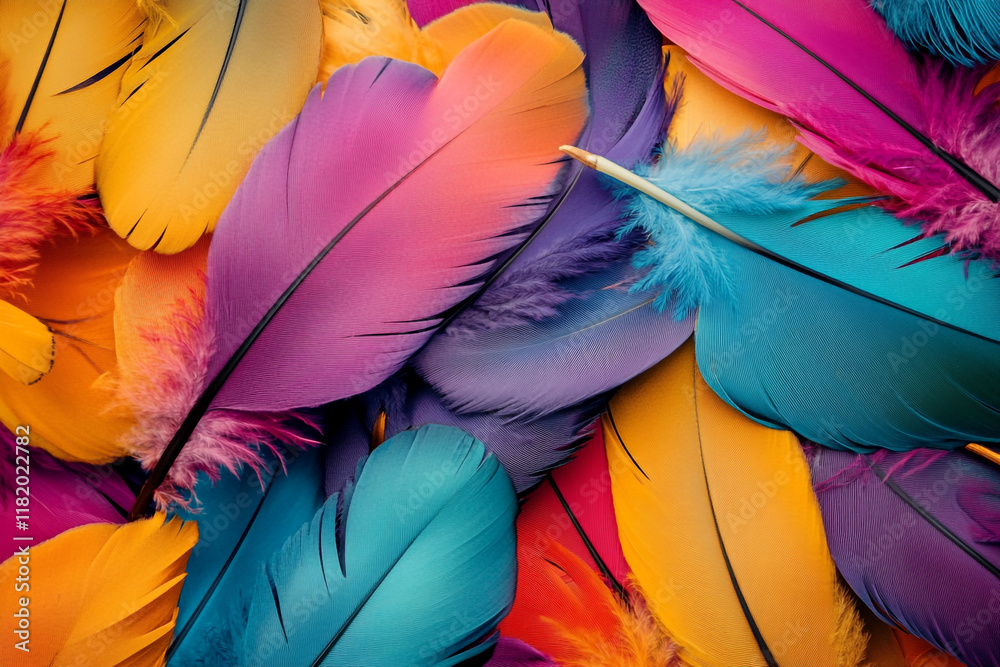 Fototapete a colorful pile of feathers, each one unique in shape and color, creating an intricate pattern that 