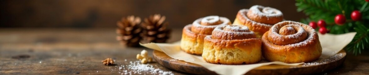 Warm cinnamon rolls on wooden table, soft lighting, festive pinecones and Christmas tree on parchment paper, pinecones, cinnamon rolls baking, christmas decorations