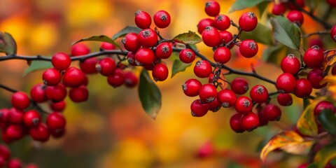 Vibrant red hawthorn berries adorn a bush in the autumn forest, showcasing the beauty of hawthorn berries during the fall season amidst nature s stunning colors.