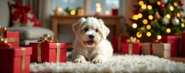 Warm festive room with a white dog playing among gift boxes and Christmas decorations, decoration, christmas, room