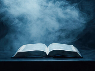 Mystical open book surrounded by smoke dark environment artistic photography