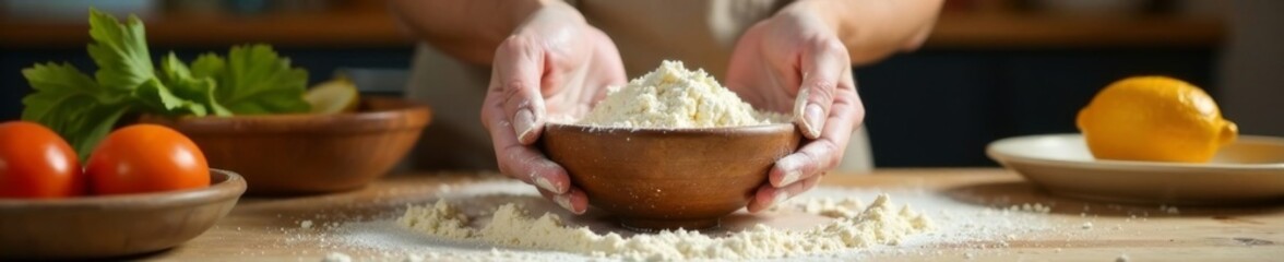 Warm kitchen scene with flour-covered hands and mixing bowls, happy moments, kitchen, warmth
