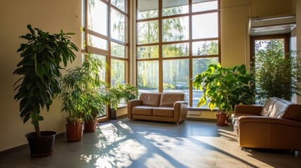 Fototapeta premium A bright, inviting lounge area with large windows and indoor plants.