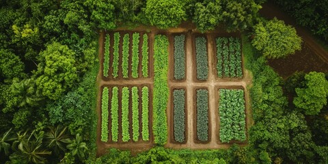 Aerial view of a small organic field showcasing lush greenery and sustainable farming practices, capturing the essence of organic field cultivation from a drone perspective.