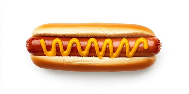 Delicious hotdog topped with mustard, beautifully isolated against a crisp white background, showcasing the appeal of the classic hotdog garnished with flavorful mustard.
