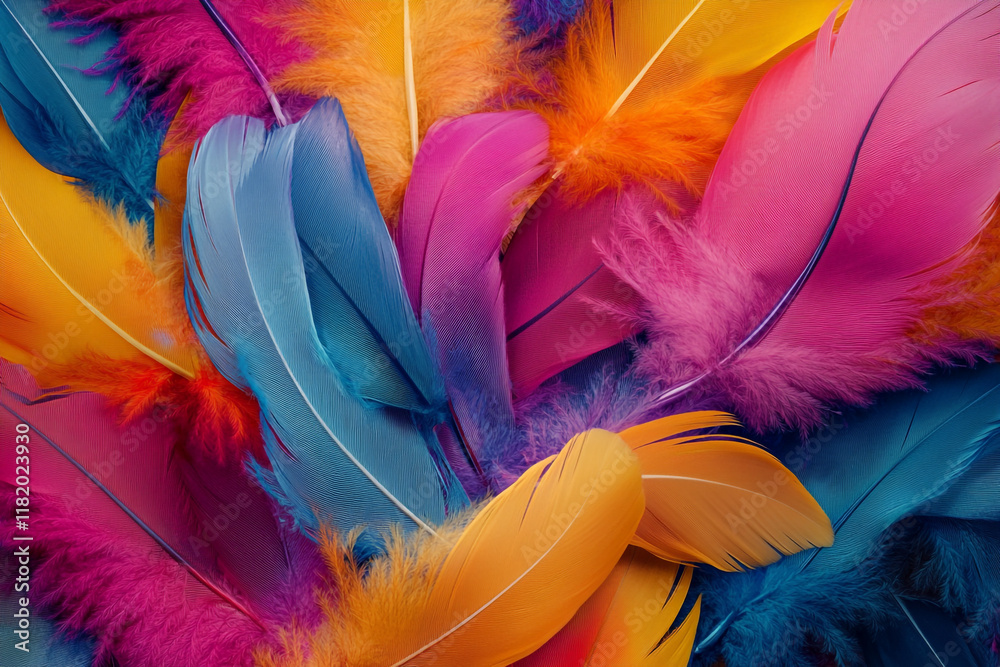 Fototapete a colorful pile of feathers, each one unique in shape and color, creating an intricate pattern that 